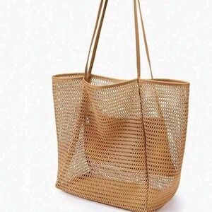Woven Open Mesh Tote Bag in Tan